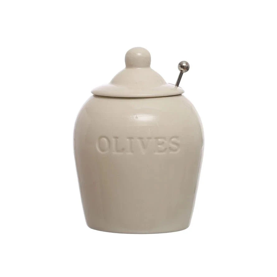 Debossed Stoneware Olive Jars with Slotted Spoon – Set of 2