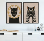 Sylvie Lion Profile Neutral Linen and Tiger Profile Neutral Linen Framed Canvas Art Set by Hannah Beisang