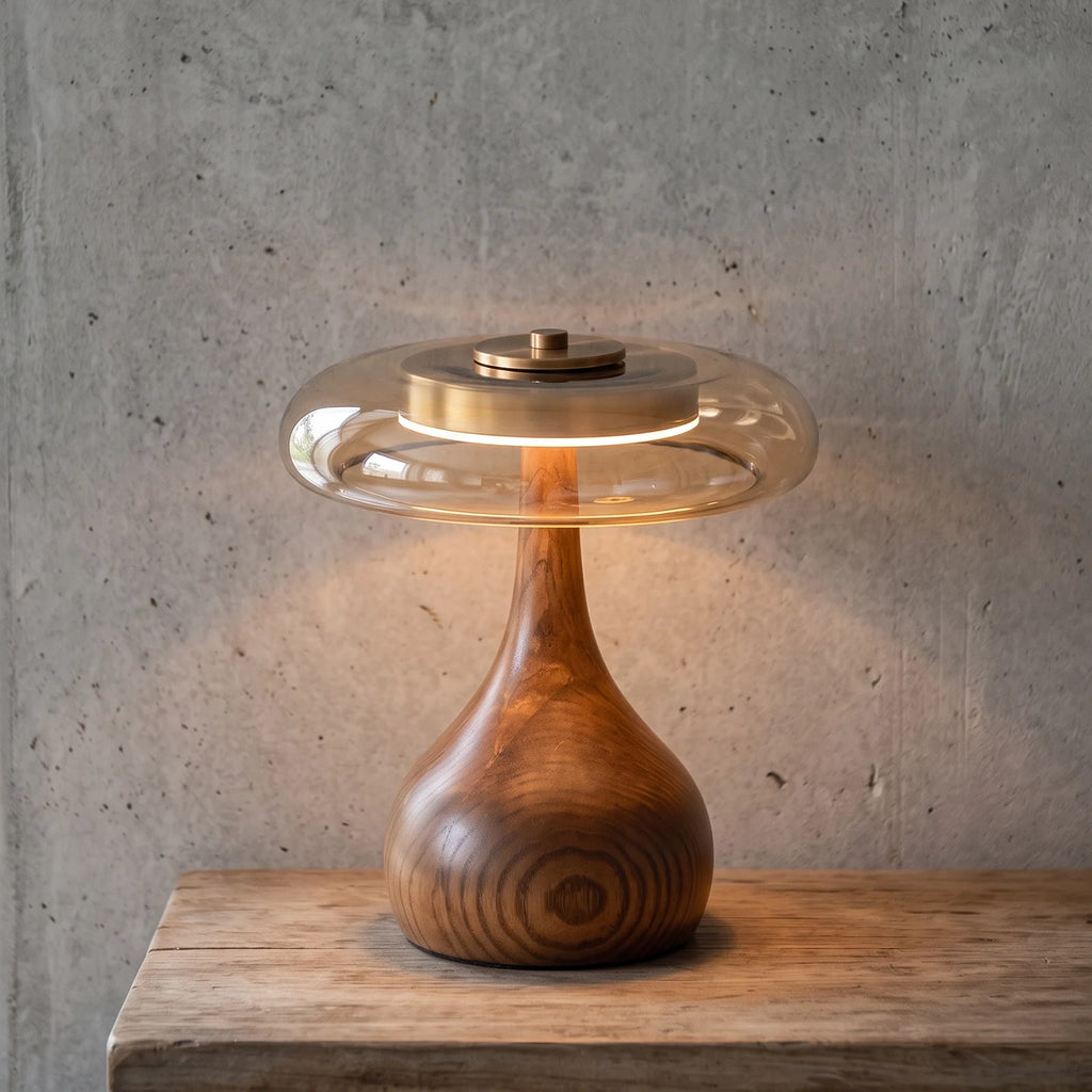 Mid-Century Wood & Glass Disc Table Lamp