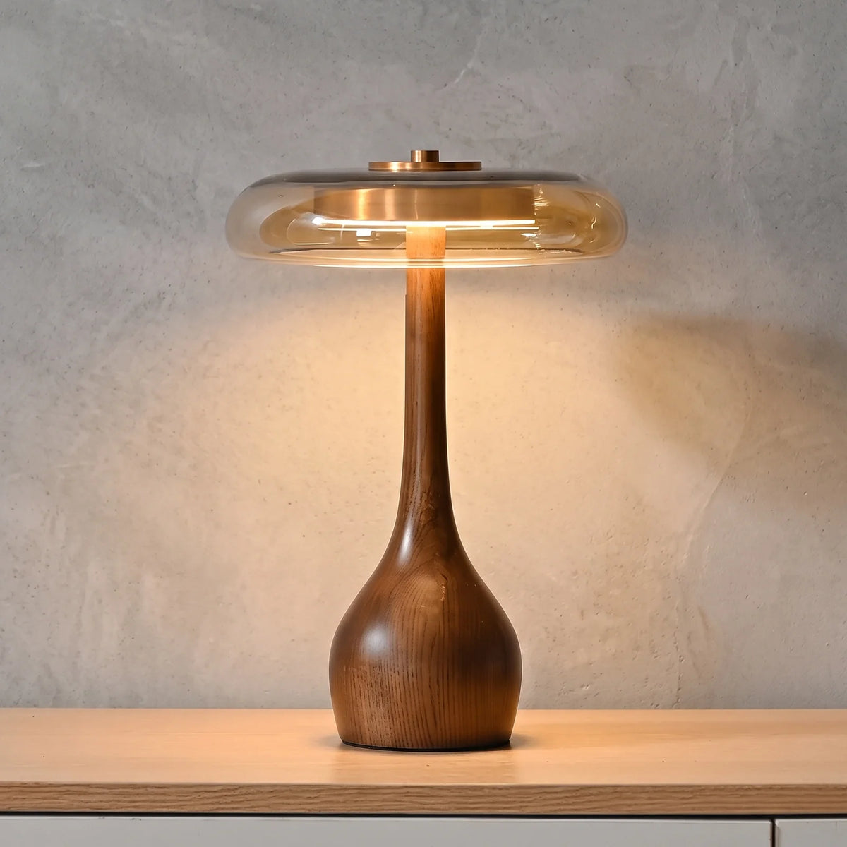 Mid-Century Wood & Glass Disc Table Lamp