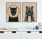 Sylvie Lion Profile Neutral Linen and Tiger Profile Neutral Linen Framed Canvas Art Set by Hannah Beisang